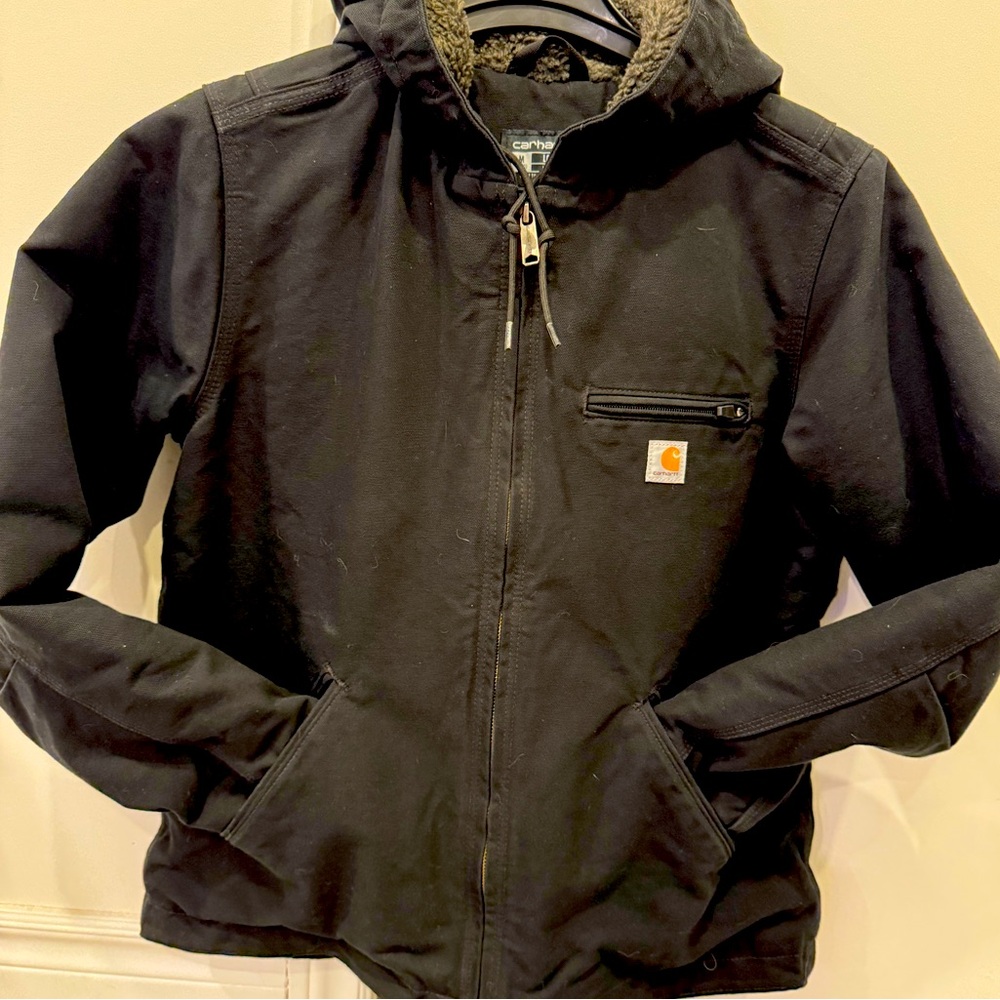 Women’s Carharrt Sherpa lined black duck work coat size M